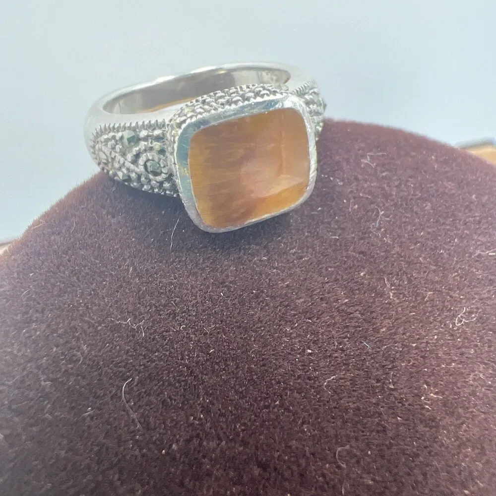 Size 5 3/4 Natural Yellow Jadeite Ring 925 Silver With Spinel Square Set Tested